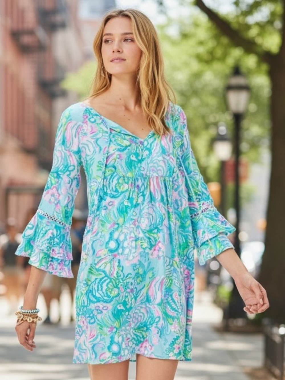 Lilly Pulitzer Azita Tunic V-Neck Ruffle-Sleeve Mini Dress Size Small